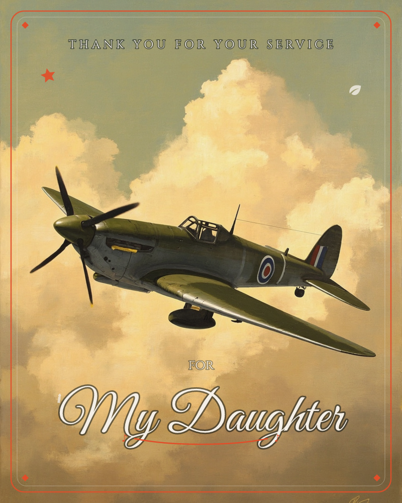 A vintage military propeller plane banks through a sky of billowing golden clouds, its olive-green fuselage catching warm light against a darker upper sky, a veterans day e-card design