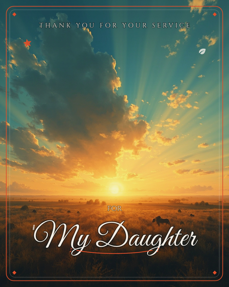 A wide savanna stretches beneath a towering cloud lit gold by a low sun, with sunbeams fanning dramatically across a teal sky, a veterans day e-card design