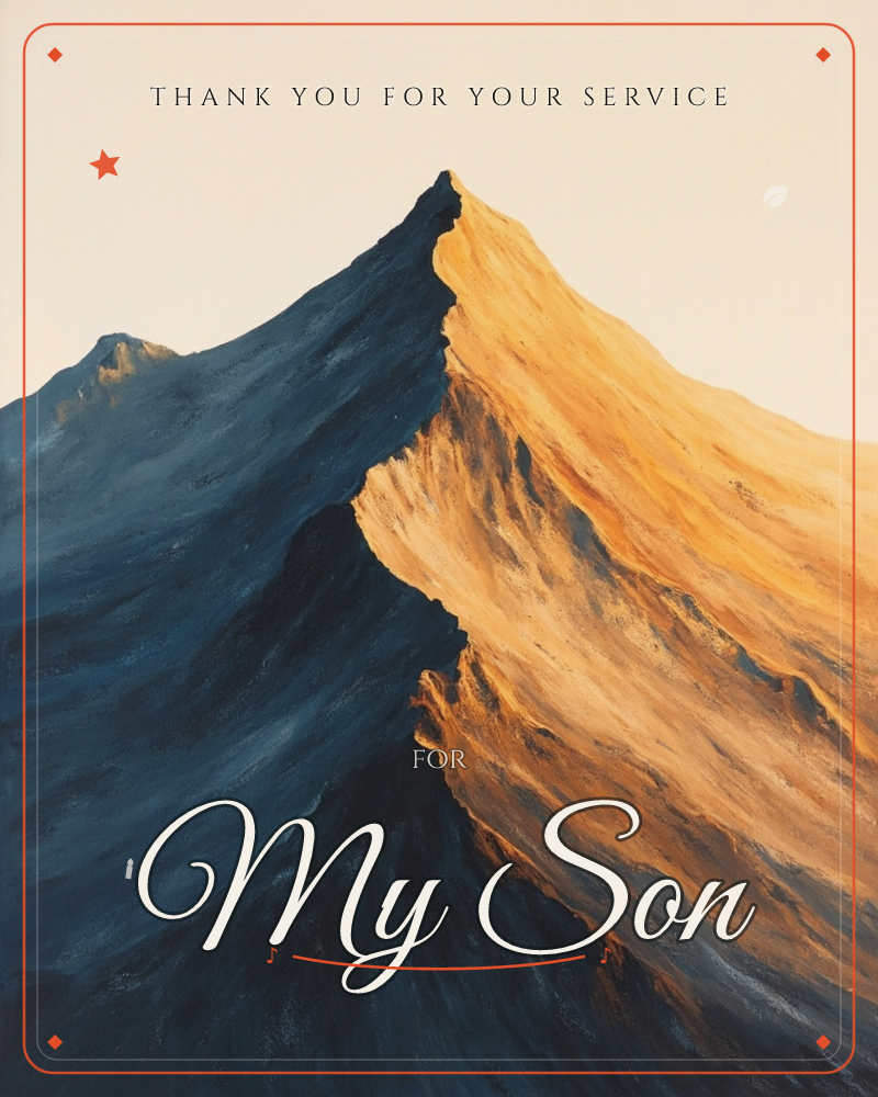 A single mountain peak fills the frame, split cleanly down its ridge by light: one face glowing amber and gold under a low sun, the other sunk into…, a veterans day e-card design