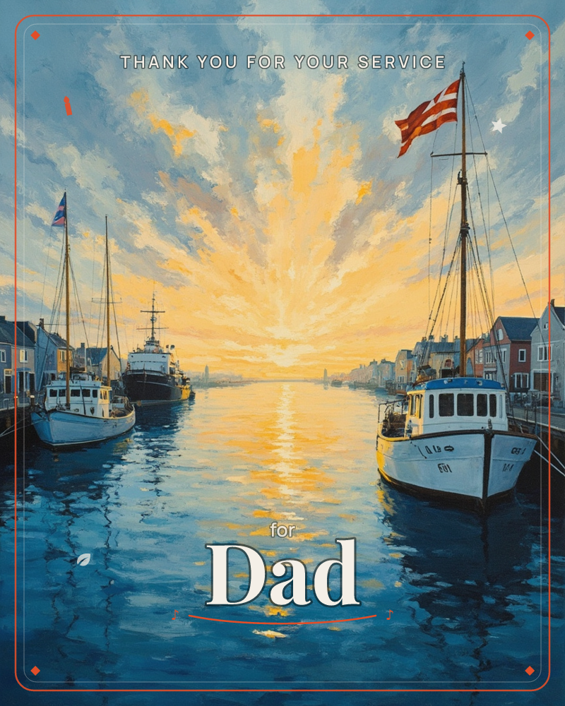 A harbour glows at sunset, with fishing boats and a moored ship reflecting golden light across calm water between two rows of waterfront houses, a veterans day e-card design