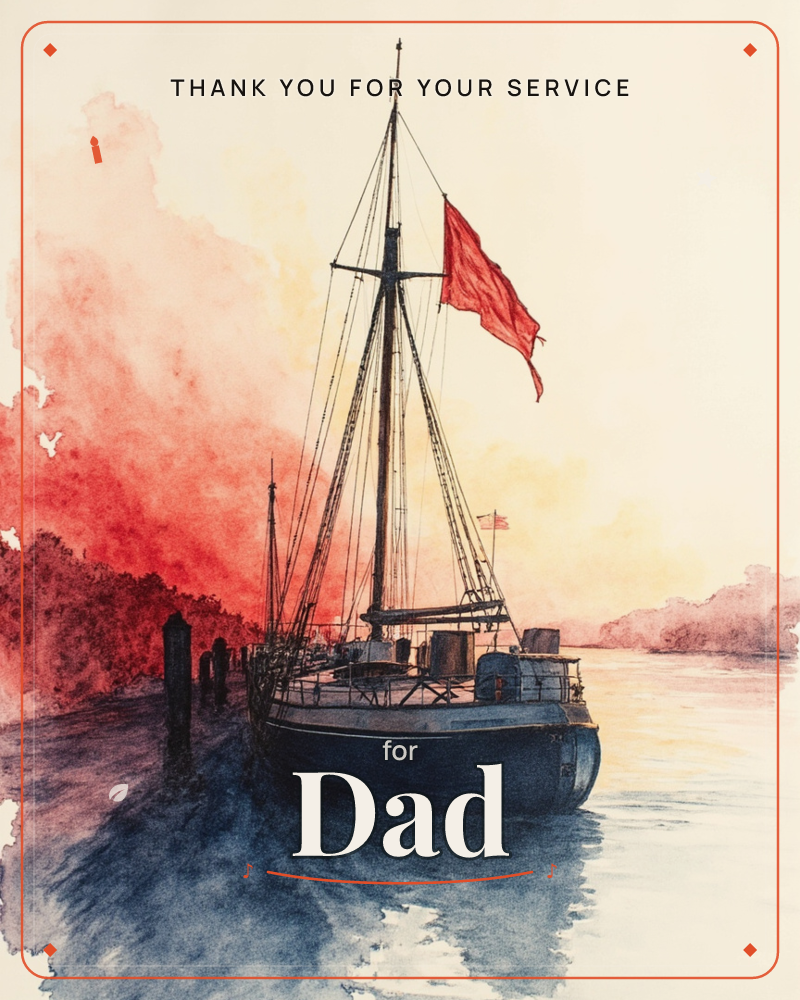 A wooden sailboat sits moored at dusk, its dark hull reflected in still harbor water while a bright red flag snaps from the rigging against a…, a veterans day e-card design