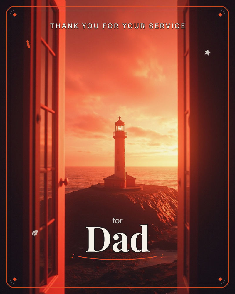 A pair of open French doors frames a distant lighthouse standing on a rocky point above the sea, its lantern room glowing faintly against a sky burning…, a veterans day e-card design