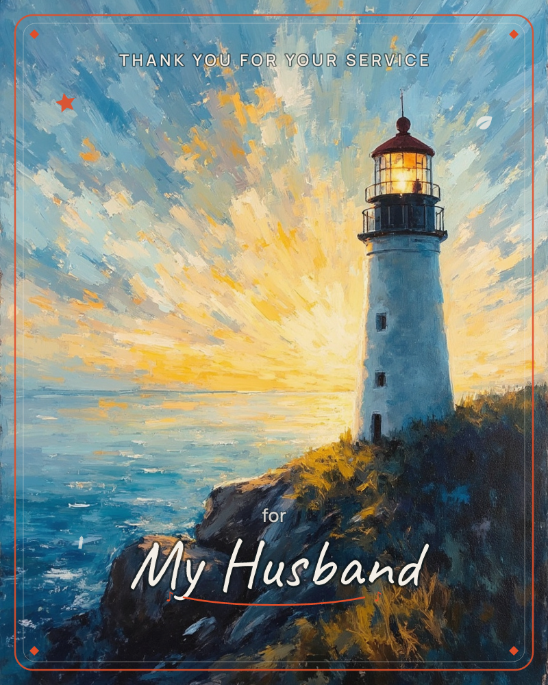 A white lighthouse with a red-capped lantern room stands on a rocky, grass-tufted point above the sea, its lamp glowing against a sky bursting with…, a veterans day e-card design