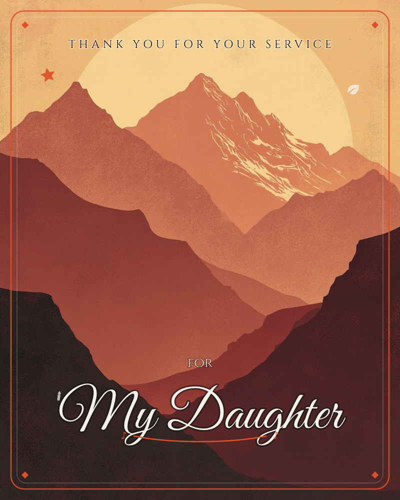 Layered mountain ridges fade from near-black in the foreground to warm rust and amber toward a glowing sun that sits low behind the tallest peak, a veterans day e-card design