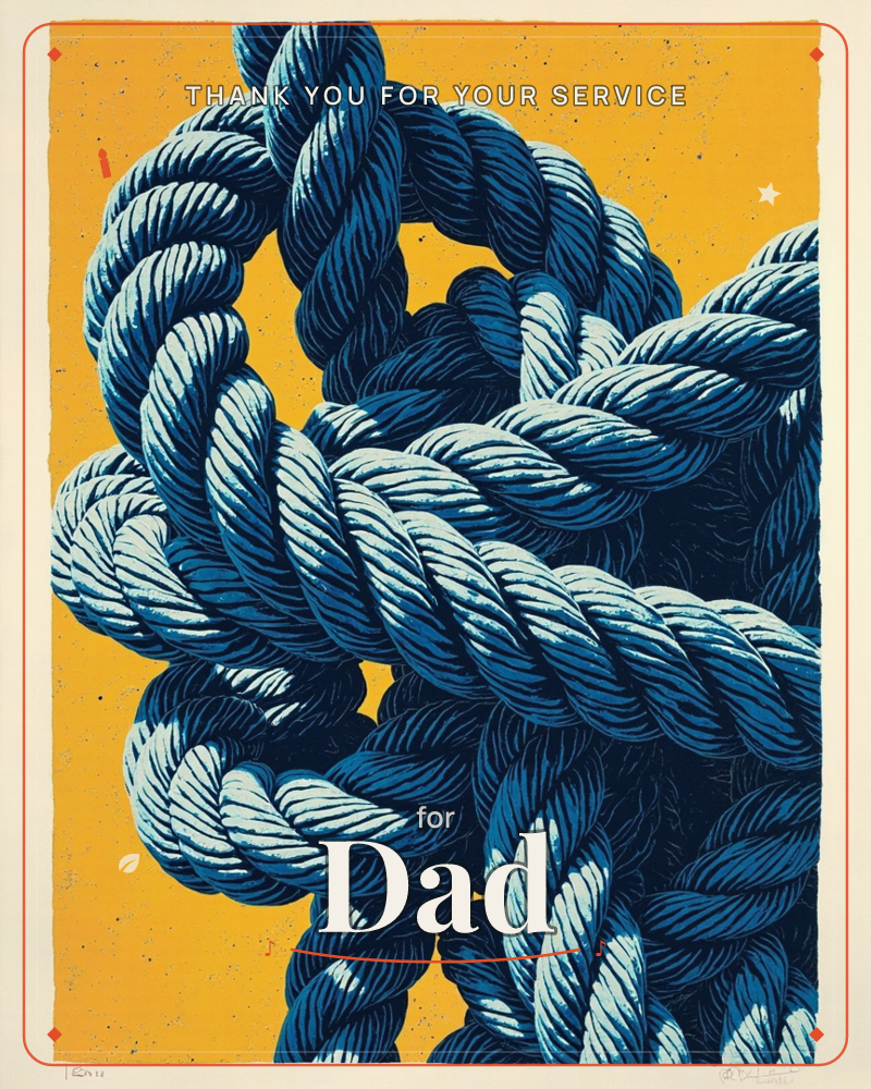 A thick blue rope is drawn tied into a heavy, looping knot, its twisted fibres rendered in bold linocut strokes against a flat mustard-yellow background, a veterans day e-card design