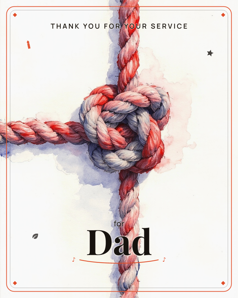 Two thick ropes cross and tie into a tight central knot on a soft white background, painted in watercolour with red pigment bleeding into pale grey fibres, a veterans day e-card design