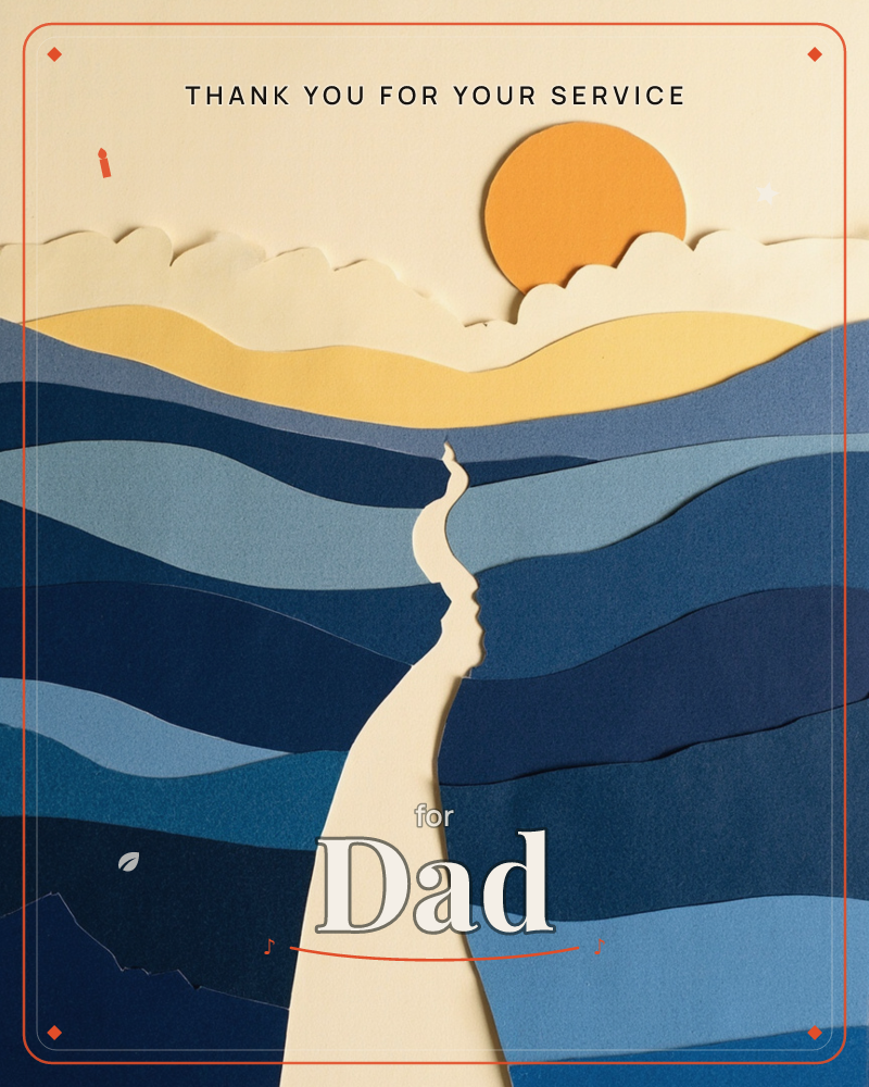 A layered paper-cut landscape shows a pale winding path cutting through rolling hills of stacked blue tones, leading toward a golden sun low on the…, a veterans day e-card design