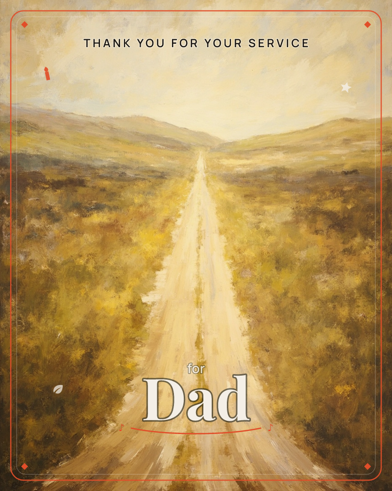 A pale dirt road runs dead straight through open moorland toward distant low hills, with no travelers in sight, a veterans day e-card design