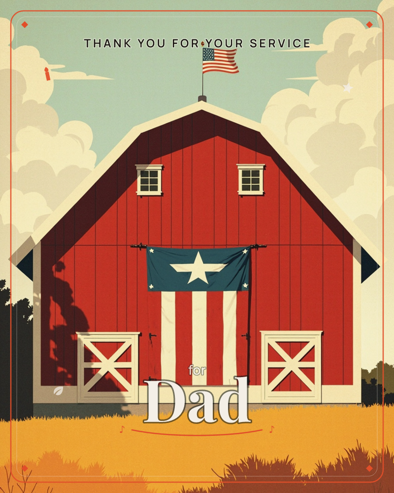 A red barn stands beneath a small American flag on its peak, with a star-and-stripe banner draped across the closed double doors, a veterans day e-card design