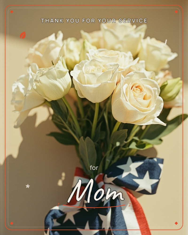 A cluster of creamy white roses catches warm, low sunlight against a soft brown backdrop, their petals glowing at the edges, a veterans day e-card design