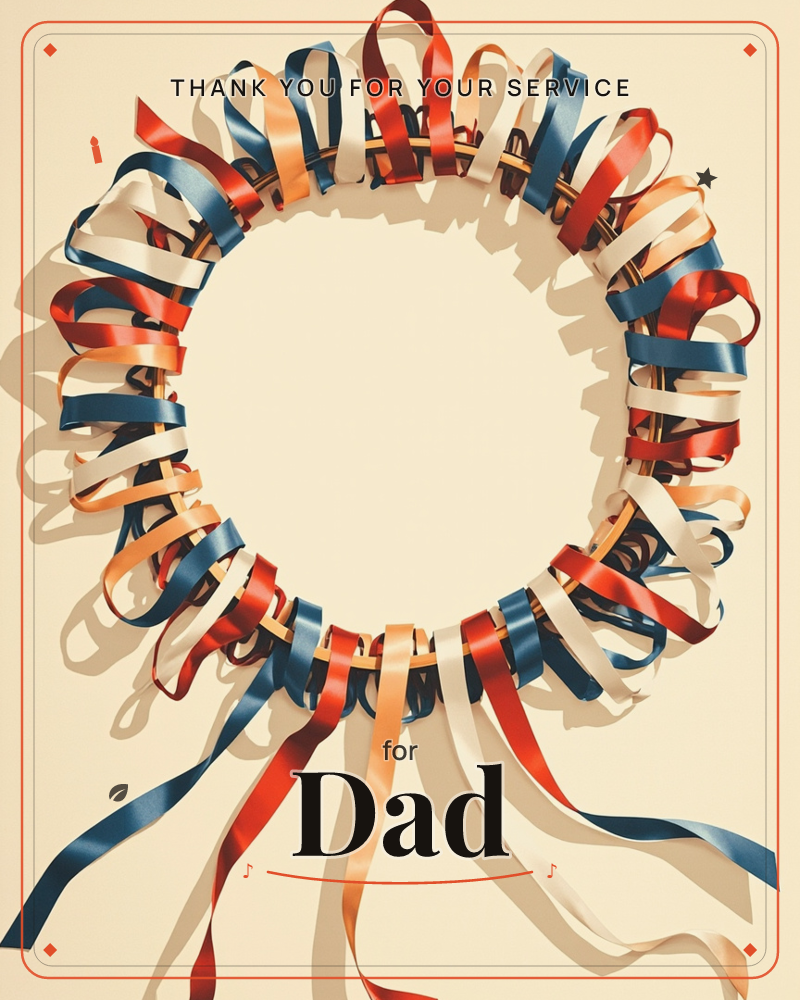 A wreath-shaped ring formed entirely of curling ribbons in red, blue, cream and gold twists around an empty cream-coloured centre, with several loose…, a veterans day e-card design