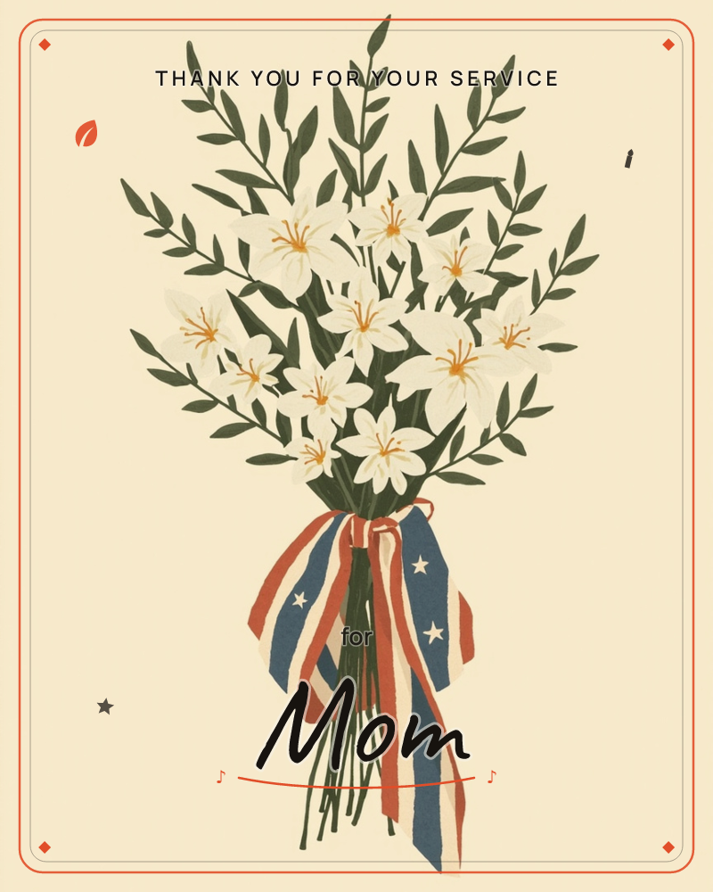 A bouquet of white lilies with golden centres and dark green leafy stems stands tied together with a red, white and blue star-spangled ribbon that…, a veterans day e-card design