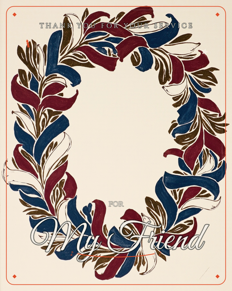 A hand-painted wreath of stylised leaves forms an oval frame around an empty cream centre, ready to hold a message, a veterans day e-card design