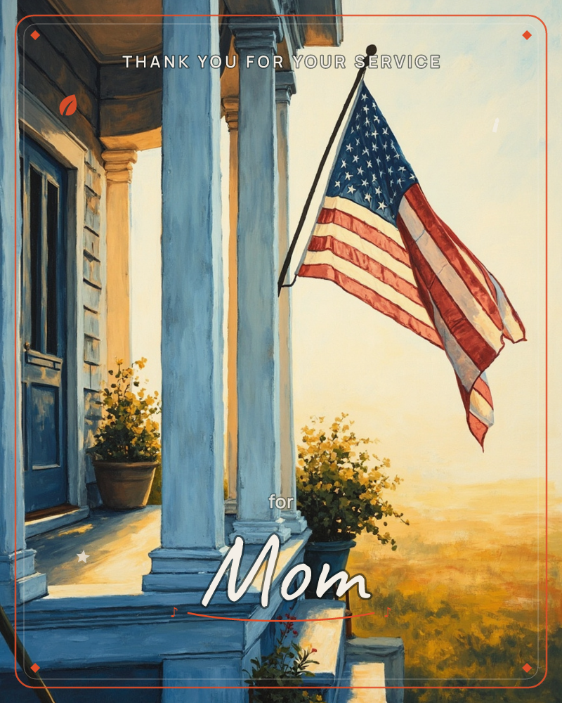 A weathered front porch with white columns and a blue door frames an American flag rippling in a warm breeze, a veterans day e-card design