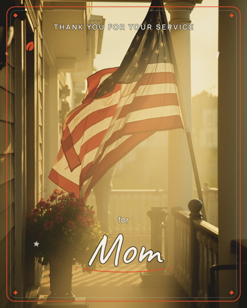 An American flag hangs from a porch column, caught mid-ripple in a warm golden light that suggests early morning or late afternoon sun, a veterans day e-card design