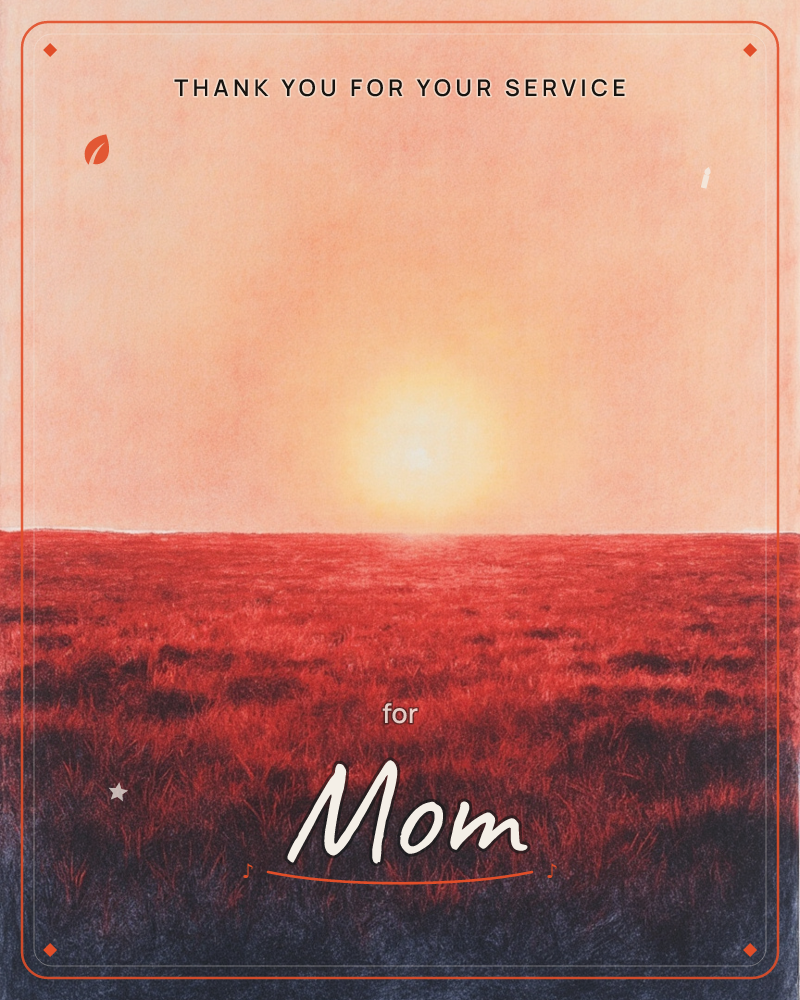 A wide open field of deep red grass stretches to a low horizon under a pale, glowing sky, a veterans day e-card design