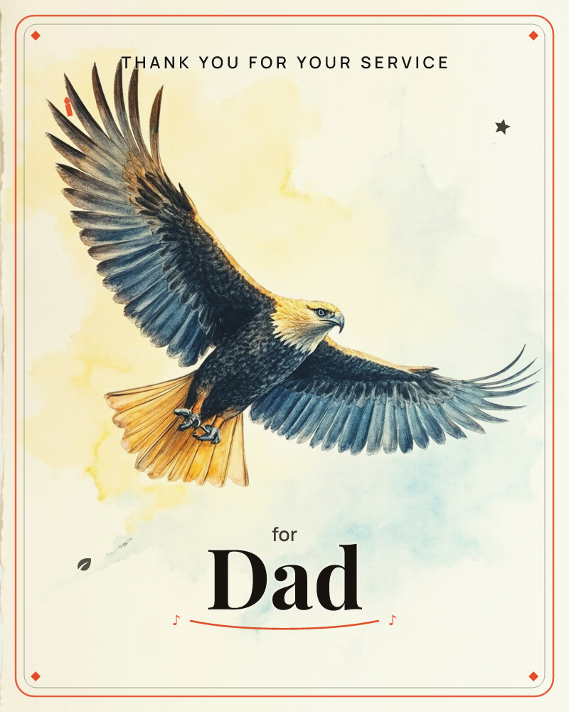 A bald eagle soars with wings fully outstretched, rendered in fine watercolour detail against a soft wash of golden yellow and pale blue, a veterans day e-card design