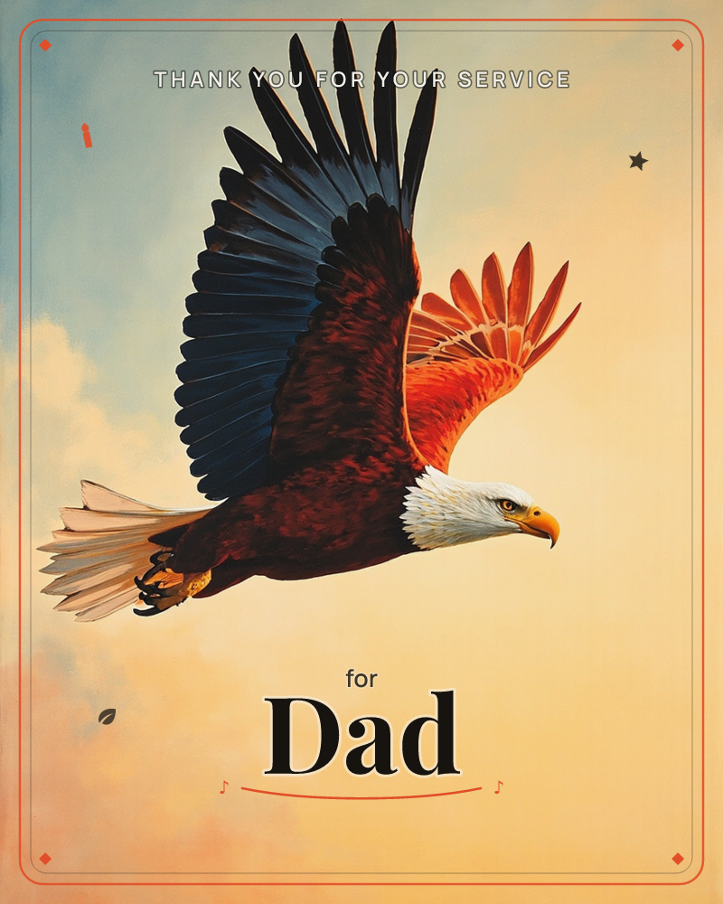 A bald eagle soars in mid-flight with wings fully outstretched, its white head turned to the side and talons tucked beneath its body, a veterans day e-card design