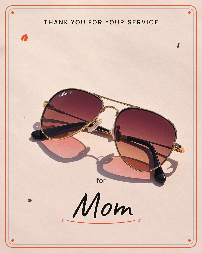 A pair of gold-rimmed aviator sunglasses with rose-to-amber gradient lenses rests folded on a pale pink surface, caught in sharp midday sun that throws…, a veterans day e-card design