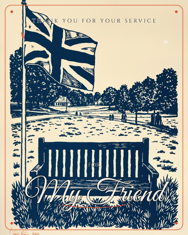 A park scene rendered in linocut style shows a wooden bench beside a flagpole flying the Union Jack, with a path winding past trees toward a distant…, a veterans day e-card design