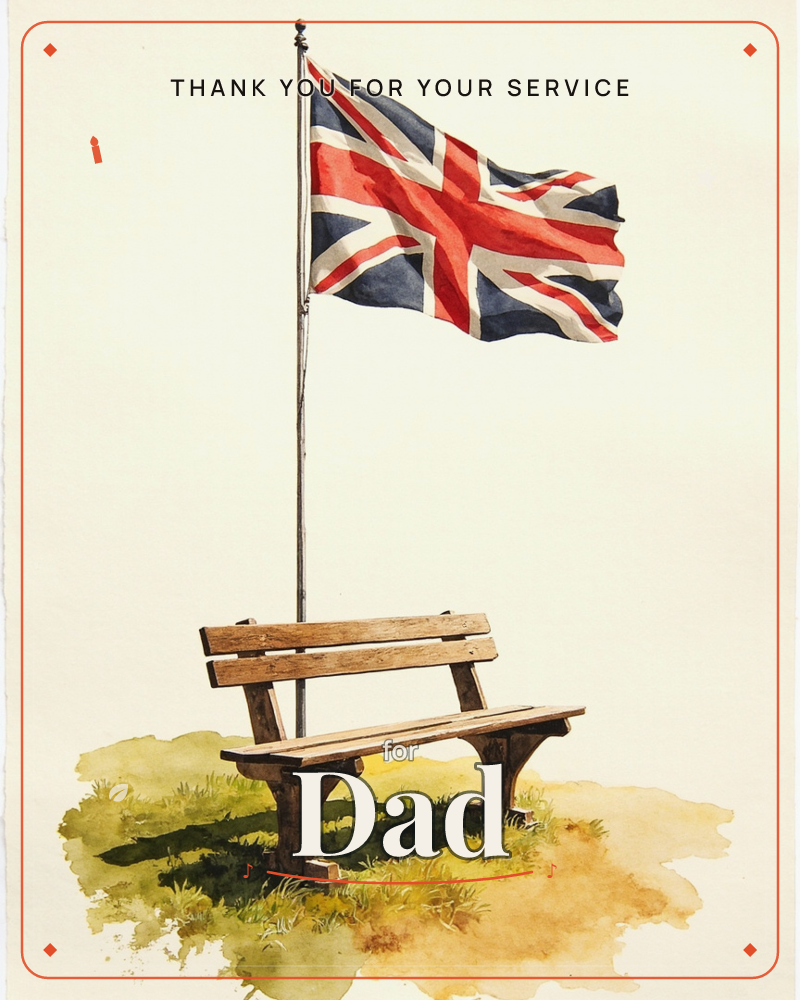 A weathered wooden bench sits on a patch of grass beneath a tall flagpole flying the Union Jack, its folds caught mid-ripple against a pale, hazy sky, a veterans day e-card design