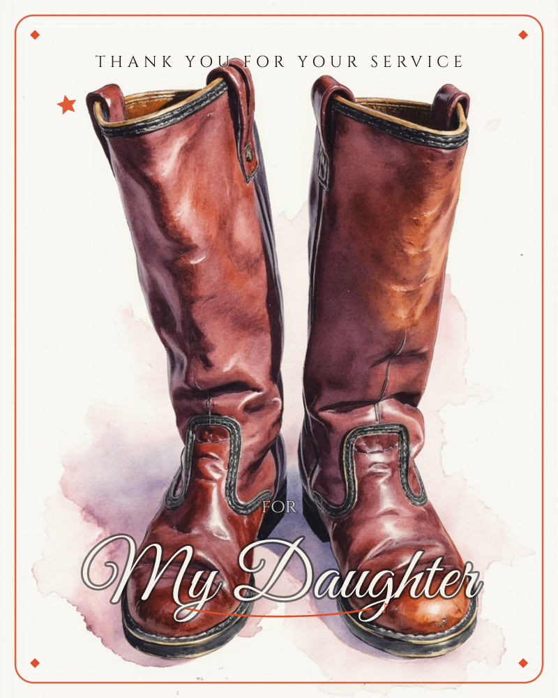 A pair of tall, well-worn leather boots stands front and center, their polished cordovan surfaces catching soft studio light, a veterans day e-card design