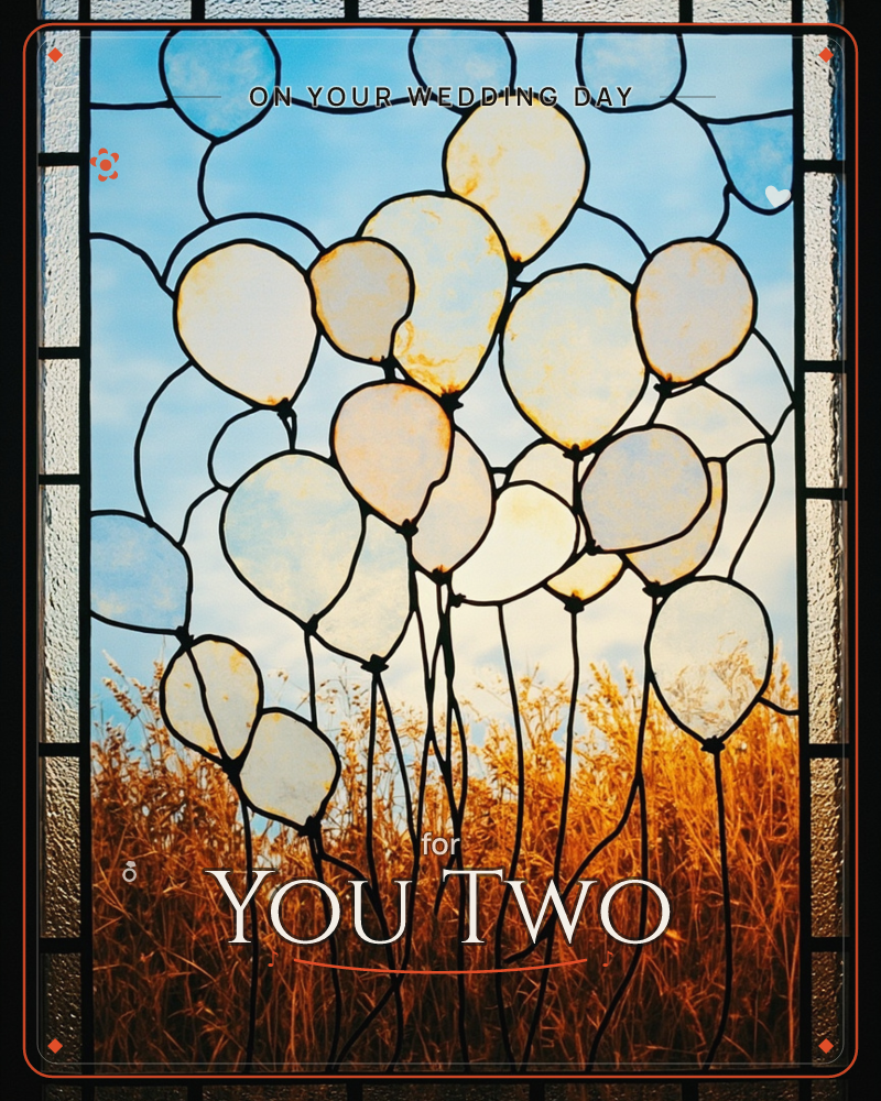 A stained-glass window panel shows a cluster of pale amber and cream balloons floating above a field of golden dried grasses, their black leaded…, a wedding e-card design