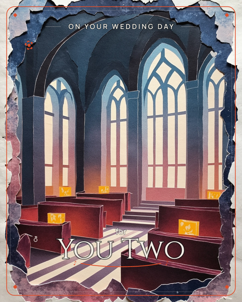 A quiet chapel interior glows with soft amber light streaming through tall gothic windows, illuminating rows of empty wooden pews, a wedding e-card design