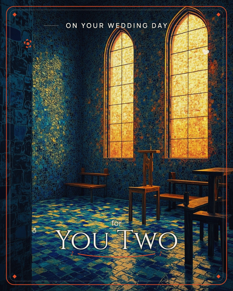 A quiet stone chapel interior glows with two tall arched windows blazing amber against deep blue mosaic walls and a tiled floor, a wedding e-card design