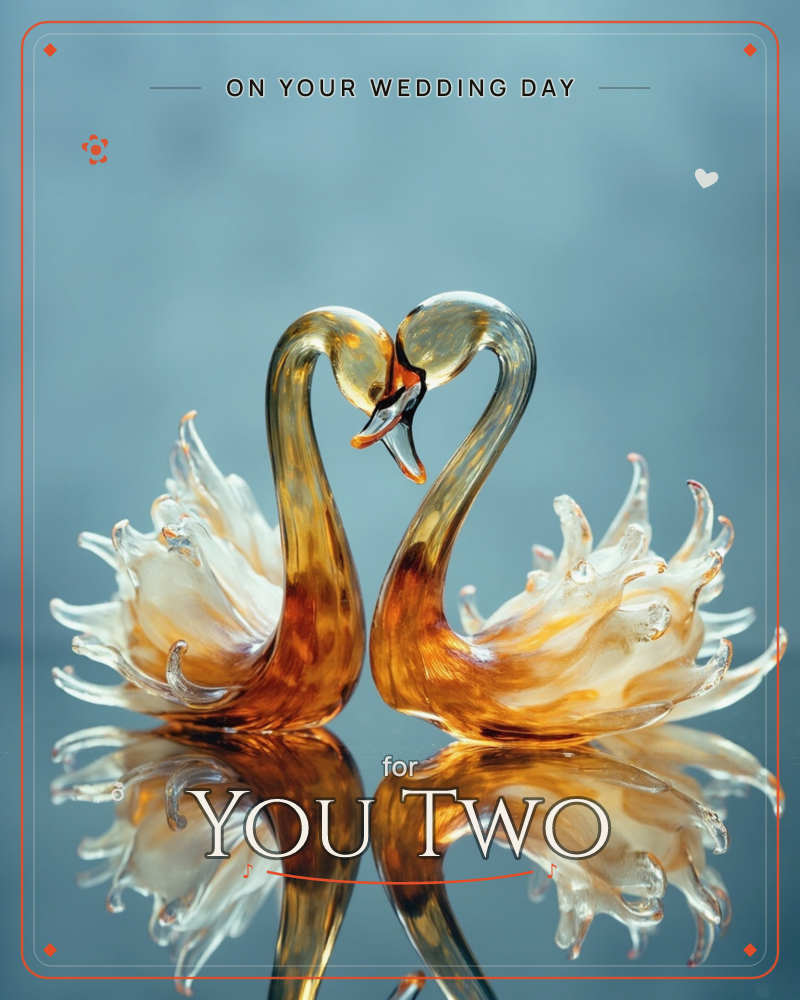Two blown-glass swans face each other with their curved necks meeting to form a heart shape, wings flared into delicate translucent feathers, a wedding e-card design