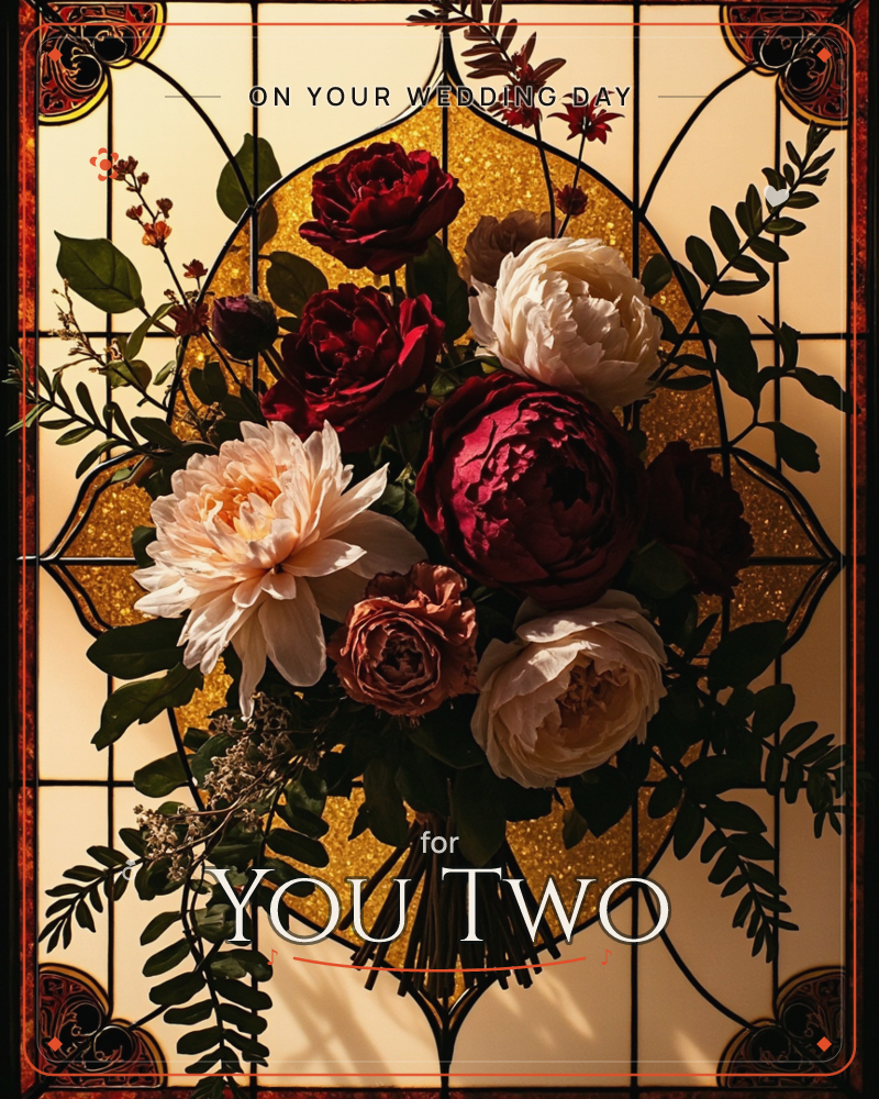 A stained-glass window frames a lush bouquet of deep red roses, blush peonies, and cream dahlias, their dark green fern fronds trailing against a…, a wedding e-card design