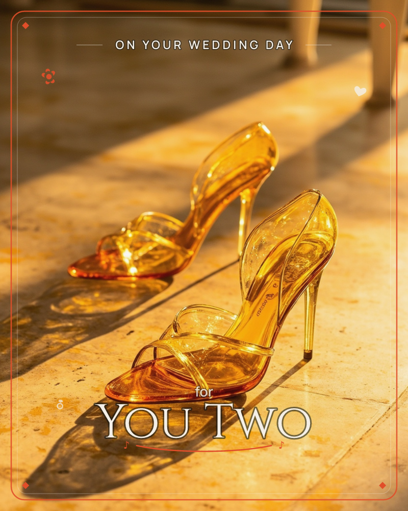 A pair of transparent amber high-heeled sandals sits on a warm marble floor, catching a slanted beam of golden light, a wedding e-card design
