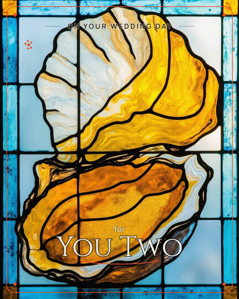 A stained-glass panel shows a large ribbed shell in warm amber, gold and cream, its shape mirrored top and bottom against a border of blue and…, a wedding e-card design