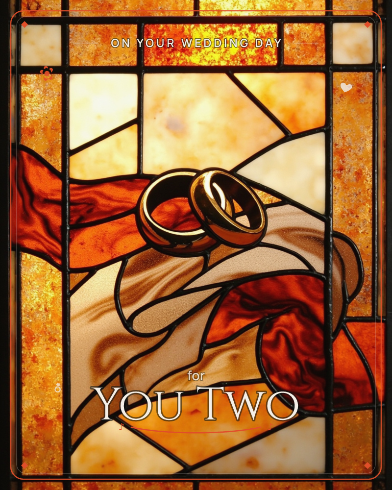 A stained-glass style panel glows amber and gold, with two interlocking wedding bands rendered in warm bronze light at its centre, a wedding e-card design