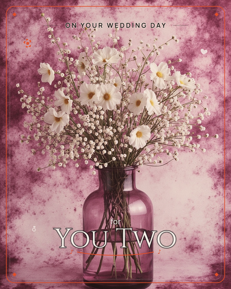 A moody still-life photograph shows white anemones and sprays of baby's breath gathered in a smoky mauve glass jar, set against a mottled magenta and…, a wedding e-card design
