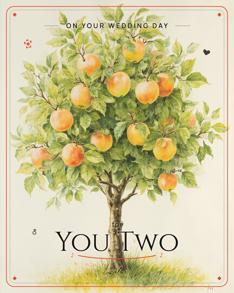 A single apple tree stands full and round with ripe orange-blushed fruit hanging heavy among green leaves, its gnarled trunk rooted in a patch of…, a wedding e-card design