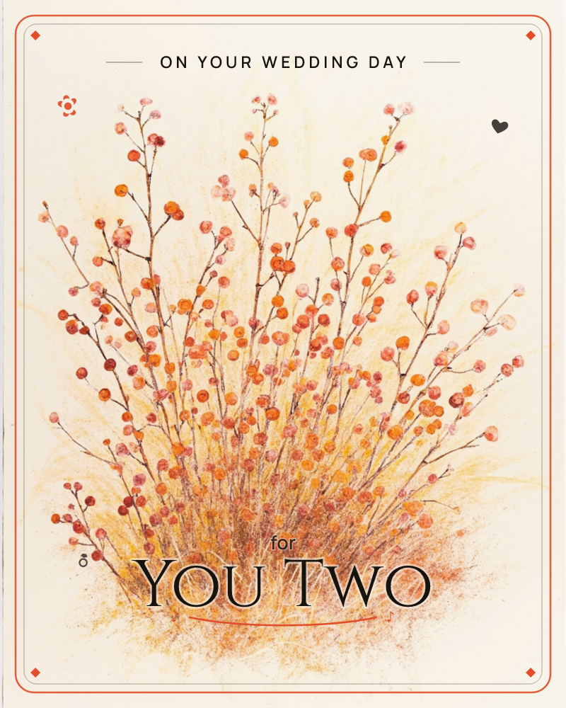 A cluster of slender branches fans upward against a plain cream background, each stem dotted with round berries in shades of orange, coral and rose, a wedding e-card design