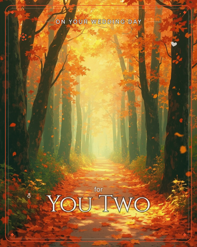 A quiet forest path stretches into a glowing haze, lined with tall trees whose canopies blaze orange and gold, a wedding e-card design