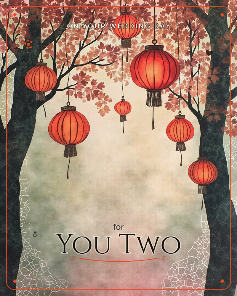 Red paper lanterns of different sizes hang from the dark branches of two trees framing the scene, their glow catching against a canopy of rust-coloured…, a wedding e-card design