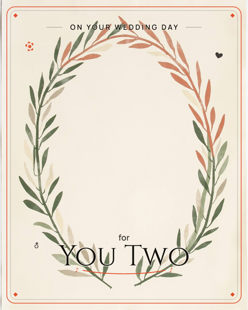 A tall oval wreath of painted leaves frames an empty cream centre, the foliage shifting from deep forest green at the base to rust orange and pale gold…, a wedding e-card design