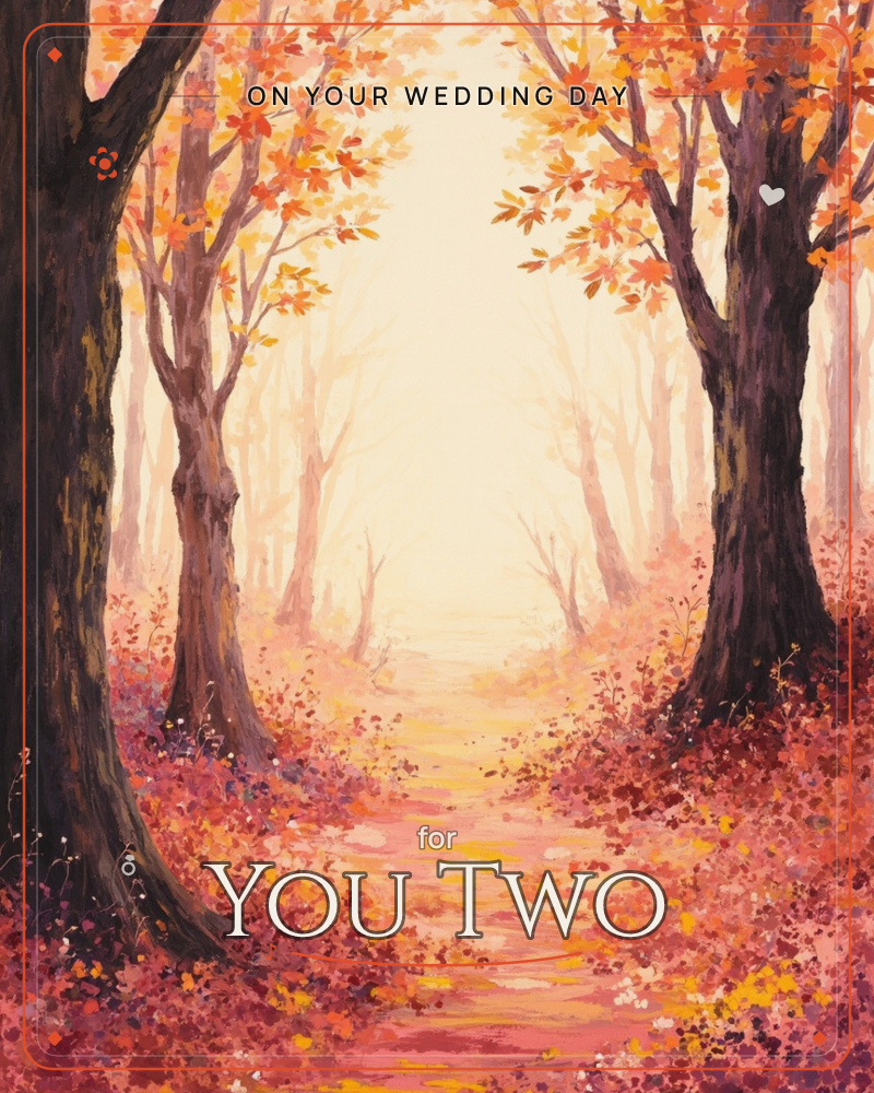A quiet forest path stretches into a glowing haze, framed by two large trees heavy with orange and gold autumn leaves, a wedding e-card design