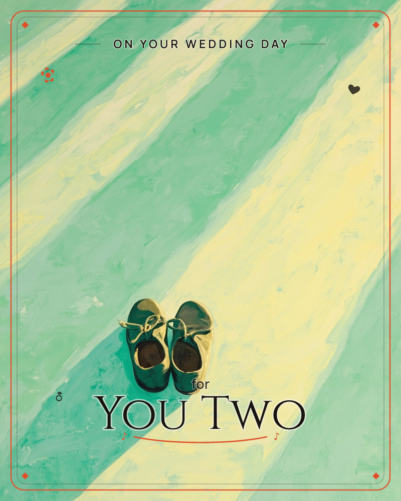 A pair of small ballet-style shoes with ribbon laces rests on a floor painted in broad diagonal stripes of jade green and pale gold, a wedding e-card design