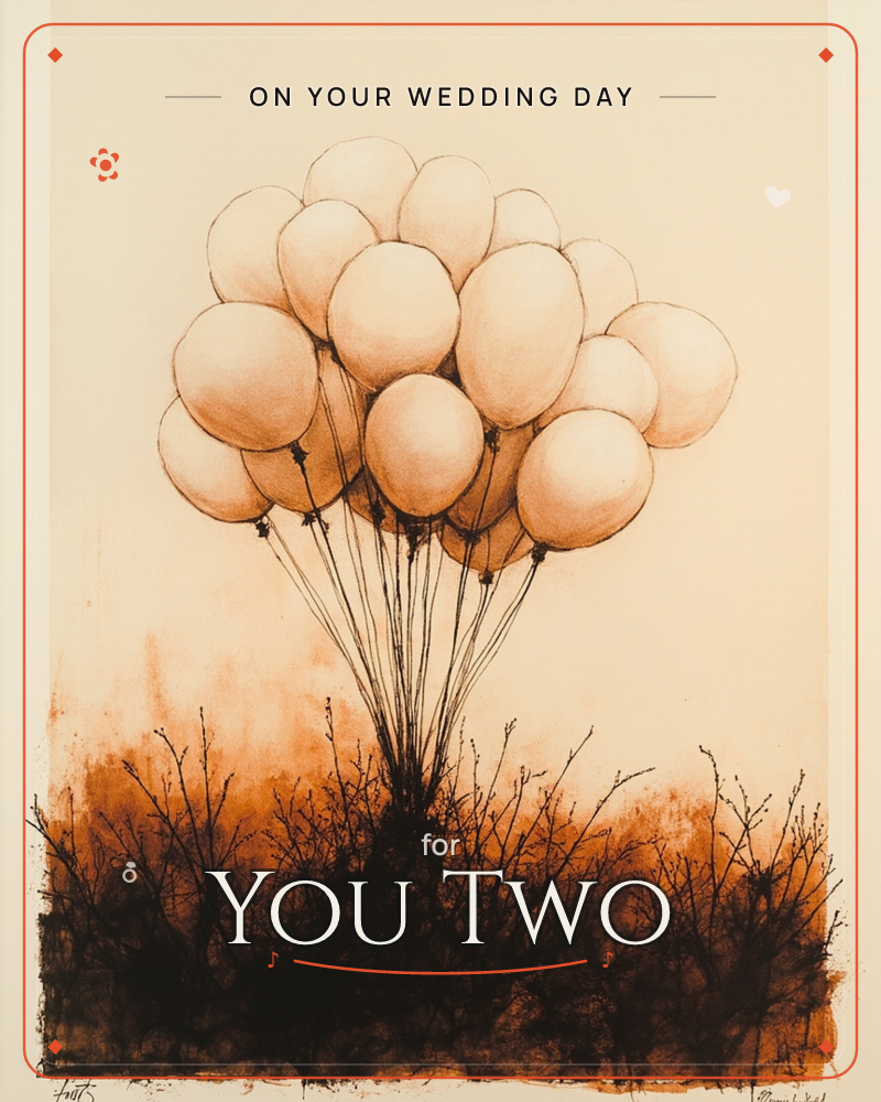 A dense cluster of pale balloons floats above a tangle of bare, thorny branches, rendered in warm sepia tones with a vignette that darkens the edges, a wedding e-card design