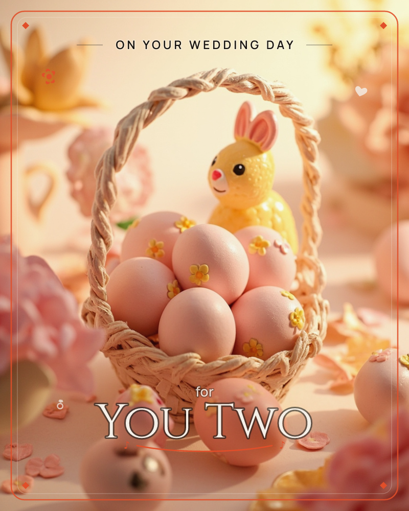 A woven basket brims with soft pink eggs dotted with tiny yellow flowers, a cheerful yellow bunny figurine peeking out from behind them, a wedding e-card design