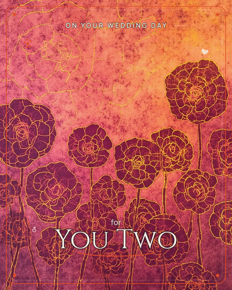A field of full-bloomed roses rendered in deep burgundy with fine gold cracked-line detailing, standing against a mottled sunset sky of pink, orange…, a wedding e-card design