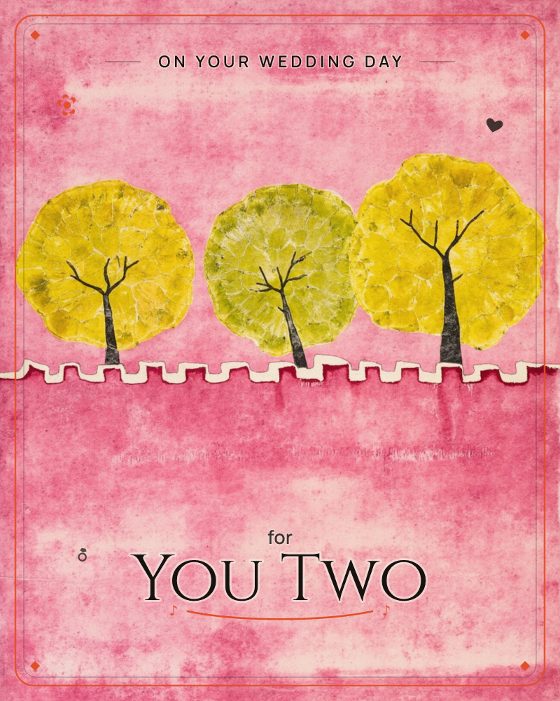 Three round-topped trees with golden and olive-yellow leaves stand along a jagged, torn-paper horizon line, their dark branching trunks bare beneath…, a wedding e-card design