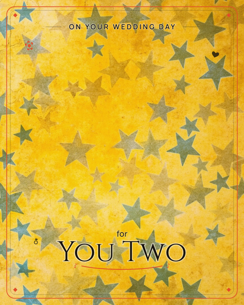 A field of five-pointed stars in muted teal and olive scatters across a mustard-yellow background with a distressed, weathered texture, a wedding e-card design