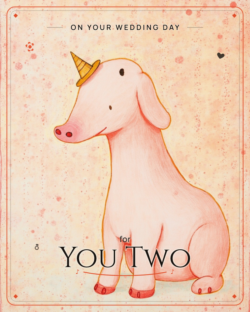 A pale pink, long-necked dog-like creature sits with a small gold party hat perched between its ears, its floppy ears and quiet smile giving it a…, a wedding e-card design
