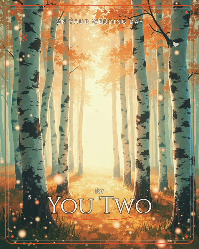A path winds between rows of birch trees whose black-marked white bark frames a glowing golden clearing beyond, a wedding e-card design