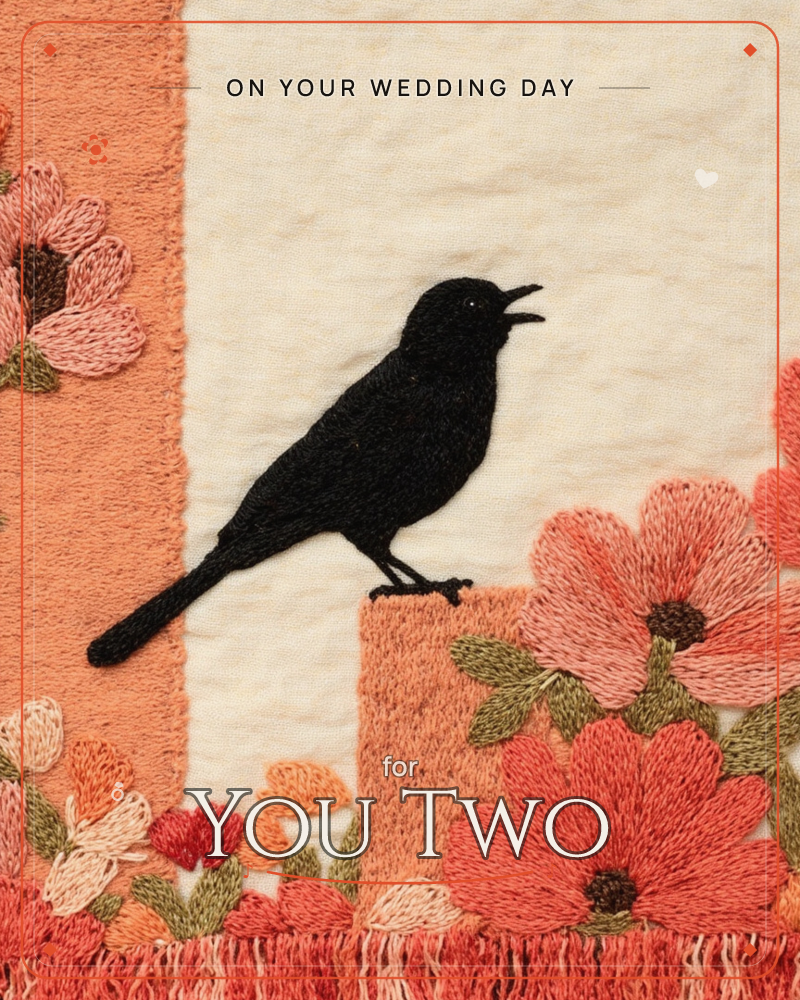An embroidered card shows a black silhouetted bird perched on a coral-toned post, its beak open as if singing, a wedding e-card design